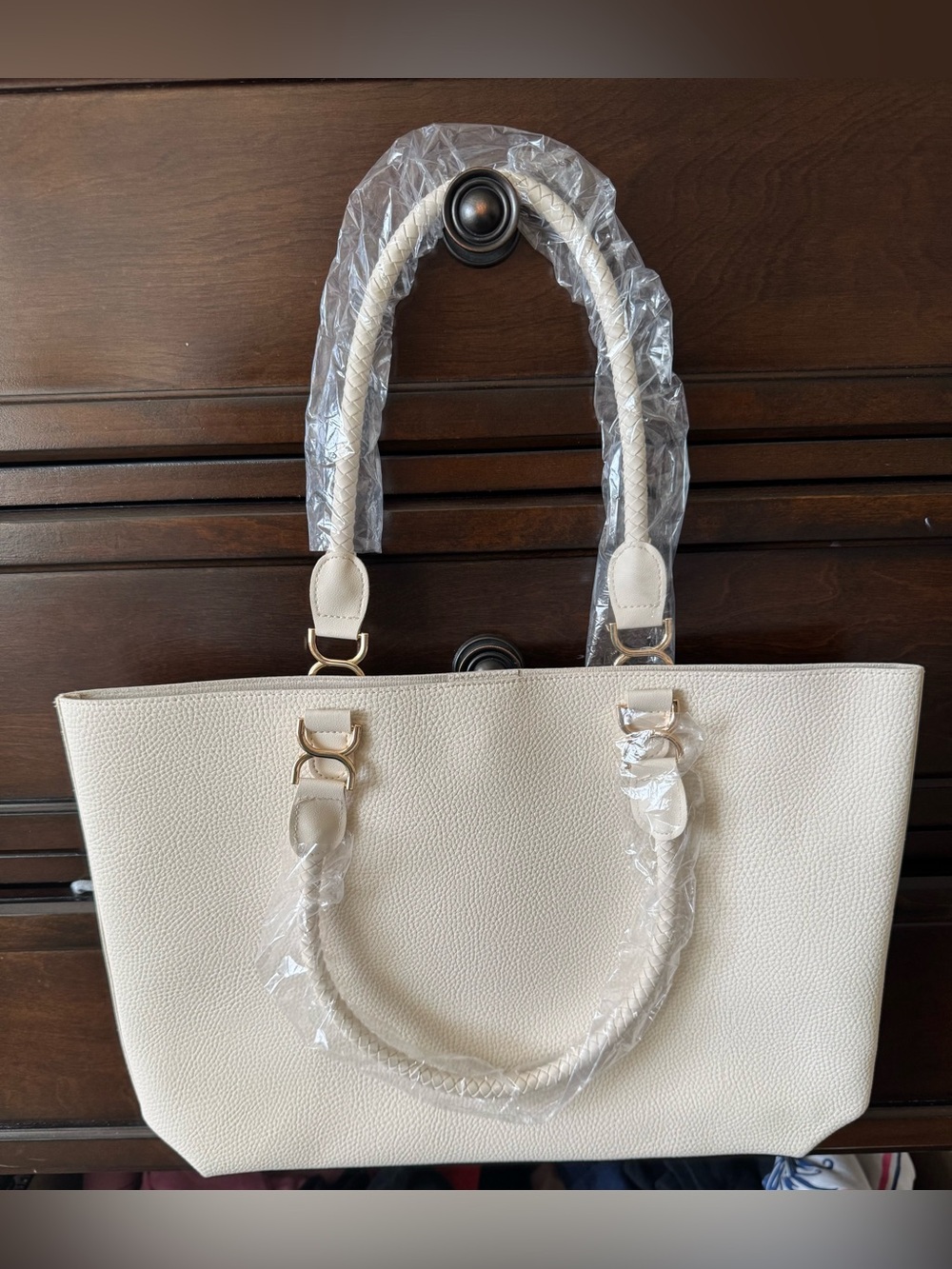 Cream Textured Tote Bag with Braided Handles - Picture 2 of 4
